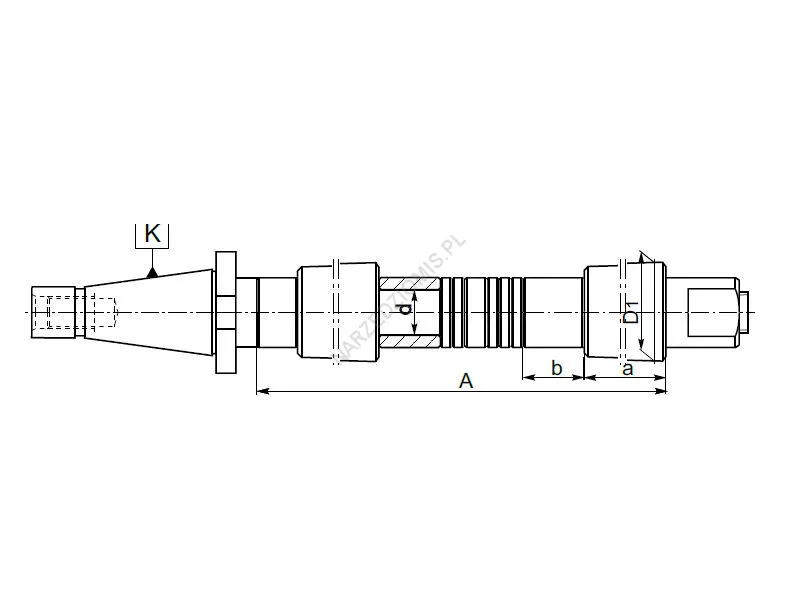 Rysunek techniczny: Trzpień frezarski długi z chw. DIN 2080 (2 tul.stożkowe): T.7188 ISO50/FI32 500mm - KOLNO